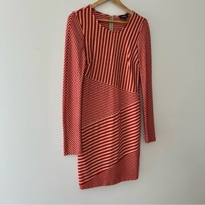 Bebe Red Asymmetrical Stripe Long Sleeve Dress Size M